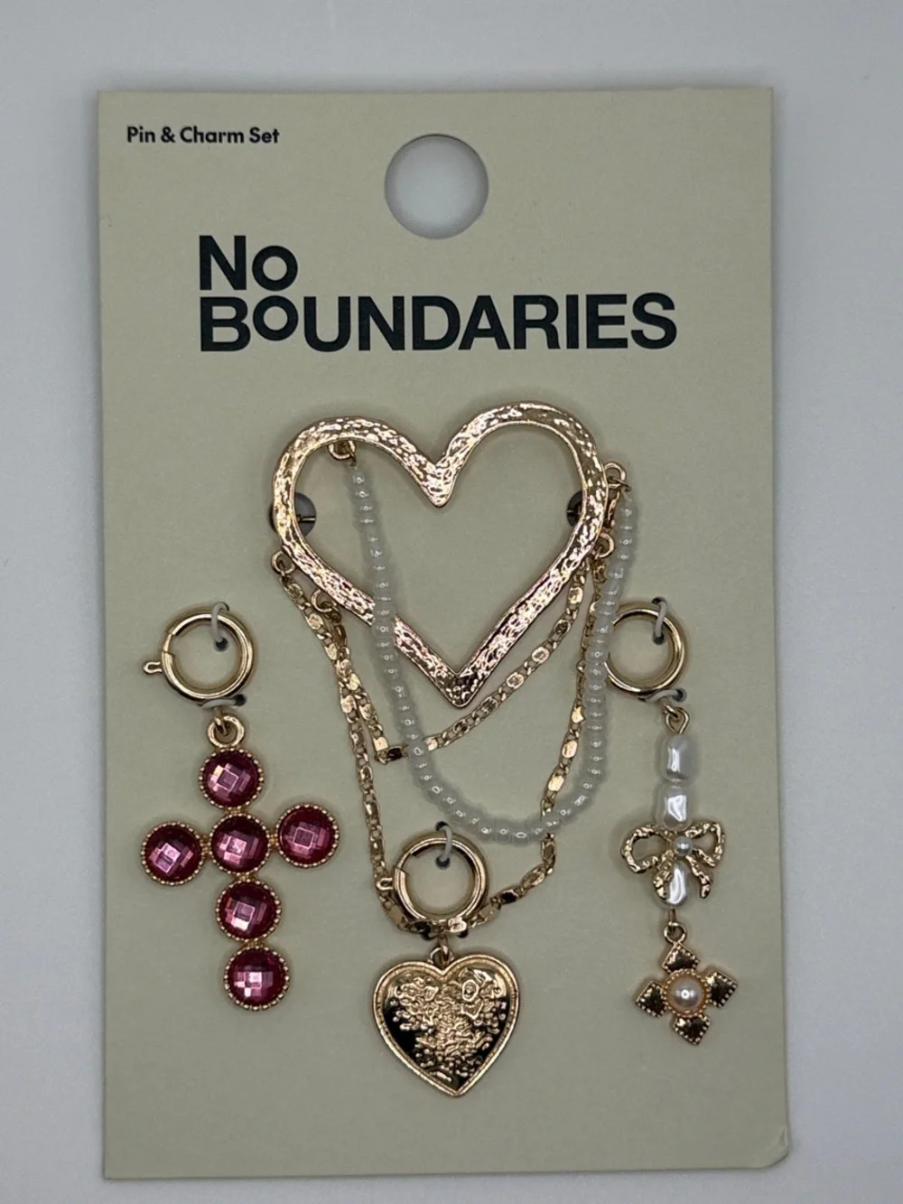 No Boundaries Rose Gold Heart Layered Brooch Pin with Pink Crystal Cross Charms